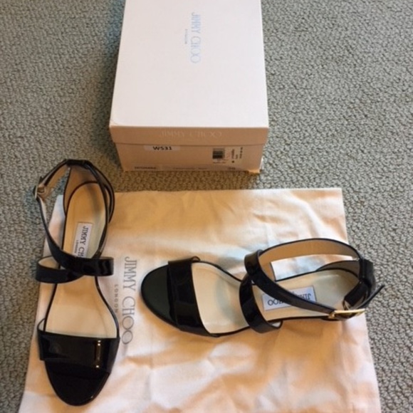 SOLD Jimmy Choo Black Patent Chiara Sandal Wedges - Picture 3 of 6